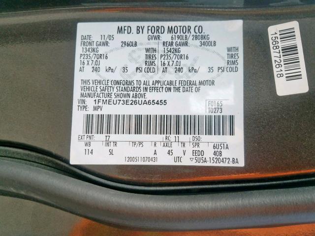 1FMEU73E26UA65455 - 2006 FORD EXPLORER X GRAY photo 10