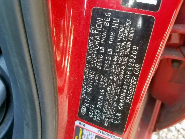 KNADN4A32D6128209 - 2013 KIA RIO EX RED photo 10