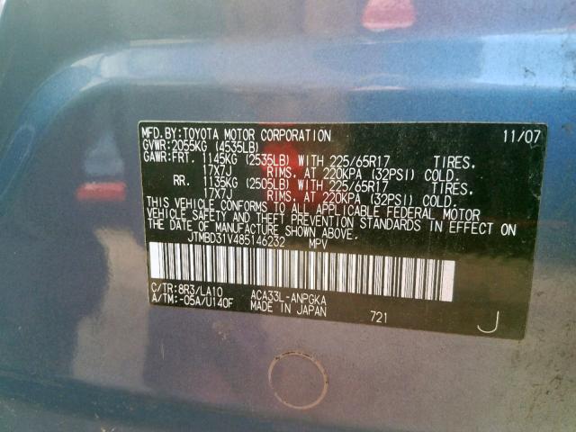 JTMBD31V485146232 - 2008 TOYOTA RAV4 LIMIT BLUE photo 10