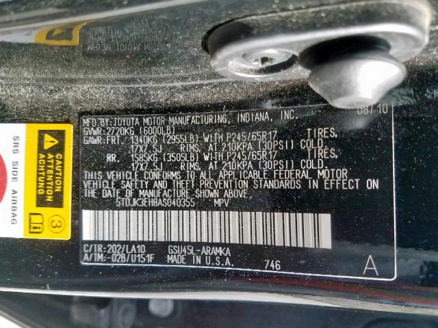 5TDJK3EH8AS040355 - 2010 TOYOTA HIGHLANDER BLACK photo 10