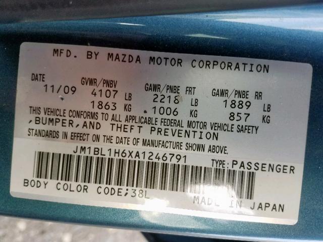 JM1BL1H6XA1246791 - 2010 MAZDA 3 S BLUE photo 10