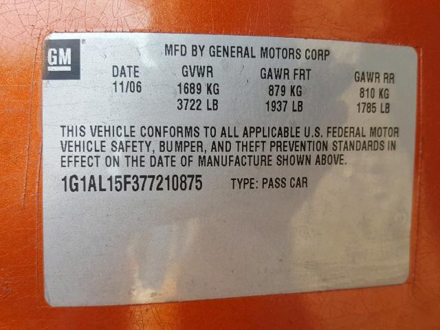 1G1AL15F377210875 - 2007 CHEVROLET COBALT LT ORANGE photo 10