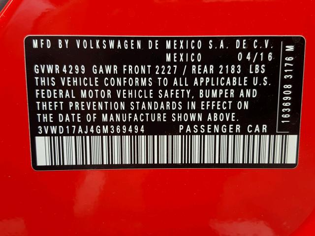 3VWD17AJ4GM369494 - 2016 VOLKSWAGEN JETTA SPOR RED photo 10