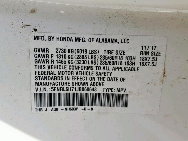 5FNRL6H71JB060648 - 2018 HONDA ODYSSEY EX WHITE photo 10