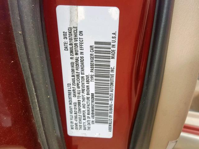 4S3BH806527653888 - 2002 SUBARU LEGACY OUT RED photo 10