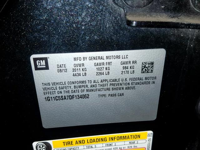 1G11C5SA7DF134062 - 2013 CHEVROLET MALIBU 1LT BLACK photo 10