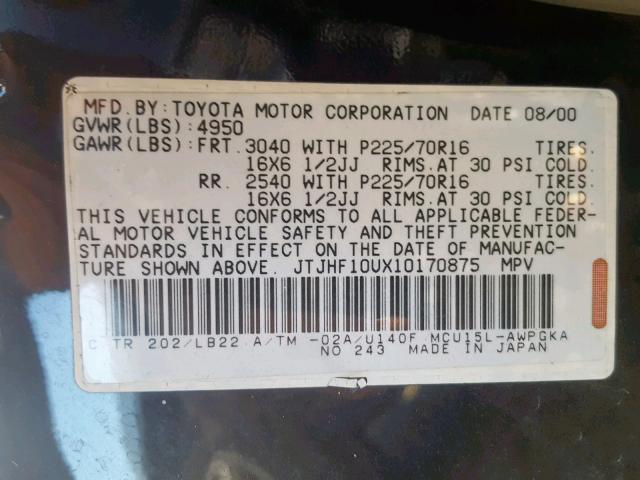 JTJHF10UX10170875 - 2001 LEXUS RX 300 BLACK photo 10