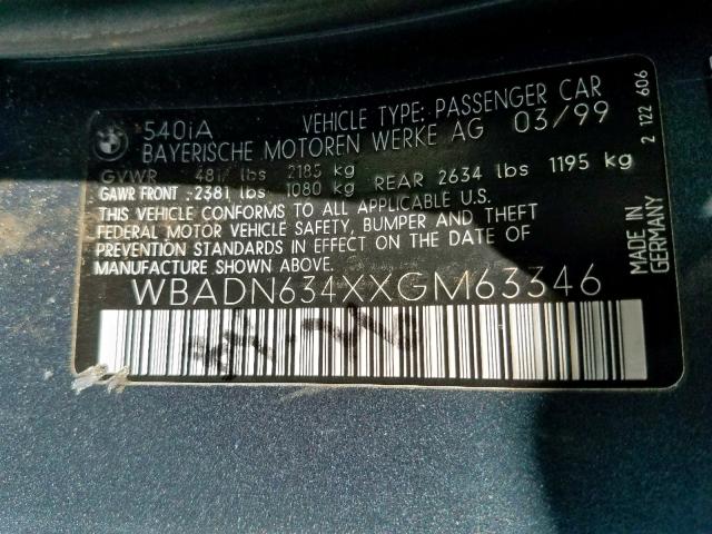 WBADN634XXGM63346 - 1999 BMW 540 I AUTO BLUE photo 10