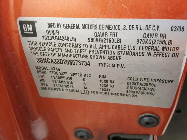 3GNCA33D28S673734 - 2008 CHEVROLET HHR LS ORANGE photo 10