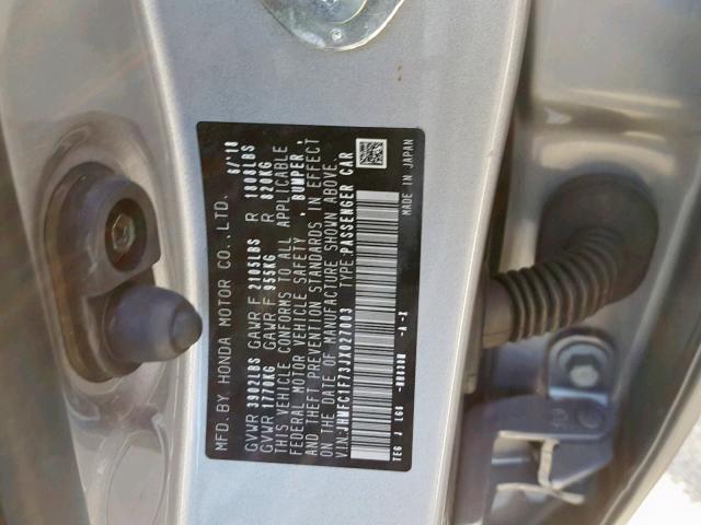 JHMFC1F73JX027003 - 2018 HONDA CIVIC EXL 银色 照片 10