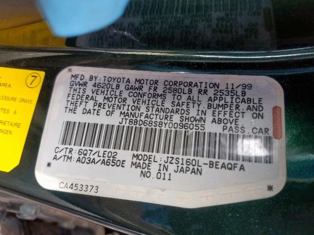 JT8BD68S8Y0096055 - 2000 LEXUS GS 300 GREEN photo 10