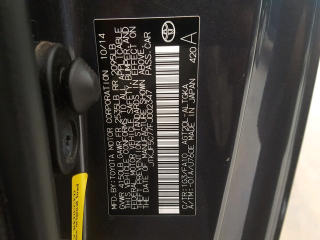 JTKJF5C77FJ002347 - 2015 TOYOTA SCION TC ნაცრისფერი ფოტო 10