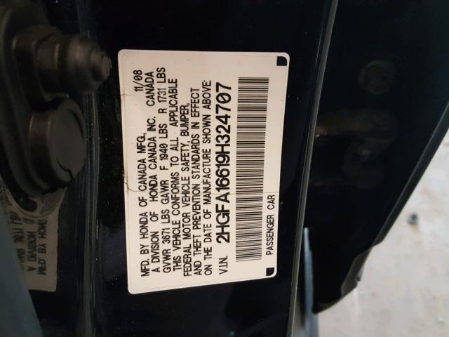 2HGFA16619H324707 - 2009 HONDA CIVIC LX-S BLACK photo 10