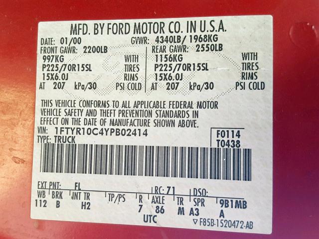 1FTYR10C4YPB02414 - 2000 FORD RANGER RED photo 10