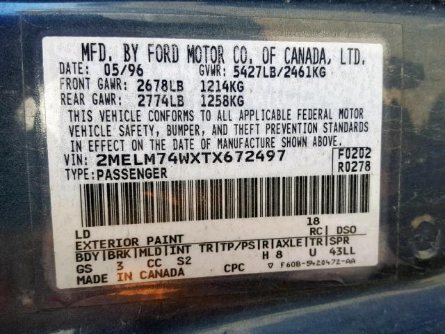 2MELM74WXTX672497 - 1996 MERCURY GRAND MARQ BLUE photo 10