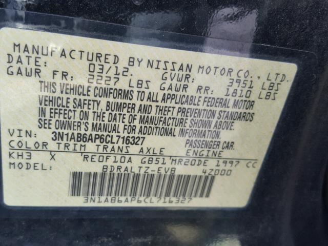 3N1AB6AP6CL716327 - 2012 NISSAN SENTRA 2.0 BLACK photo 10