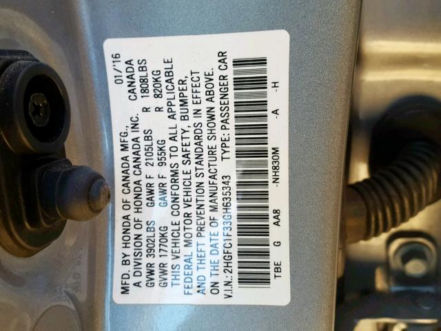 2HGFC1F33GH635343 - 2016 HONDA CIVIC EX SILVER photo 10