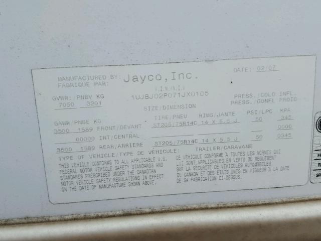 1UJBJ02P071JX0105 - 2007 JAYCO JAYFLIGHT  WHITE photo 10