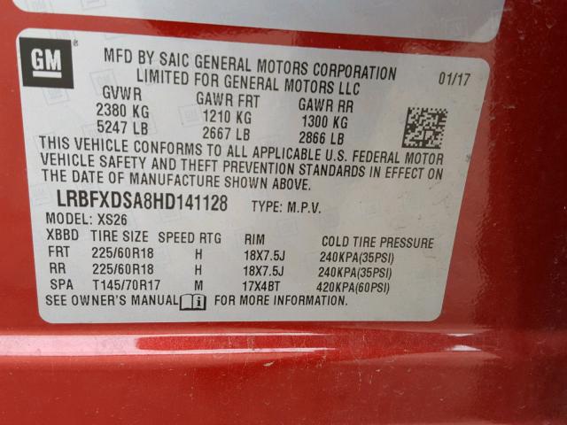 LRBFXDSA8HD141128 - 2017 BUICK ENVISION E RED photo 10