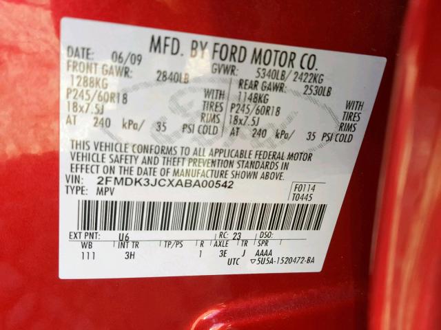 2FMDK3JCXABA00542 - 2010 FORD EDGE SEL RED photo 10