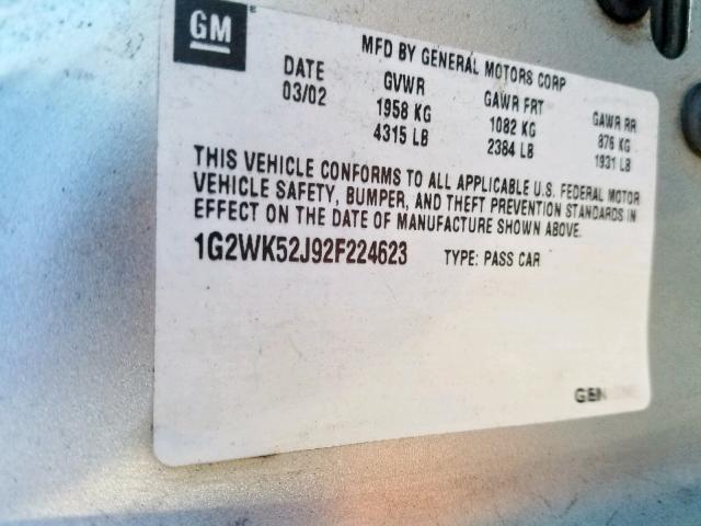 1G2WK52J92F224623 - 2002 PONTIAC GRAND PRIX GRAY photo 10