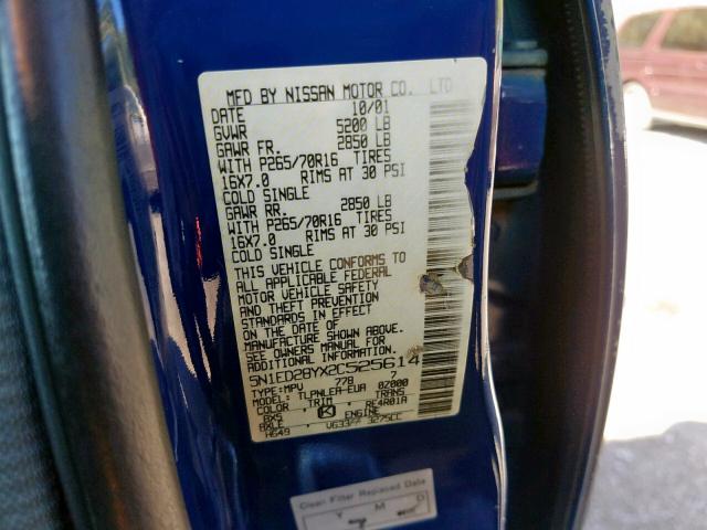 5N1ED28YX2C525614 - 2002 NISSAN XTERRA XE BLUE photo 10