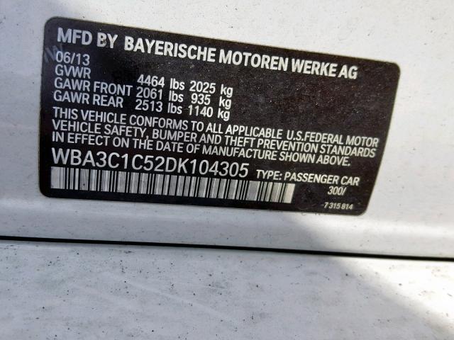 WBA3C1C52DK104305 - 2013 BMW 328 I SULE WHITE photo 10