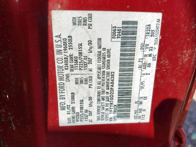 1FTYR10D22PA84382 - 2002 FORD RANGER RED photo 10
