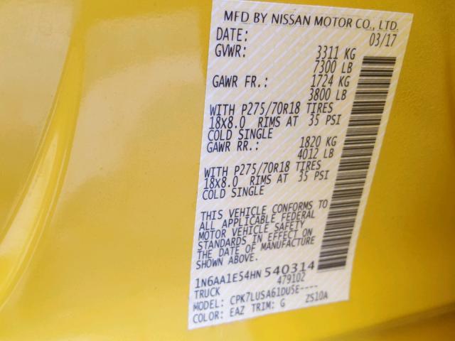 1N6AA1E54HN540314 - 2017 NISSAN TITAN SV YELLOW photo 10