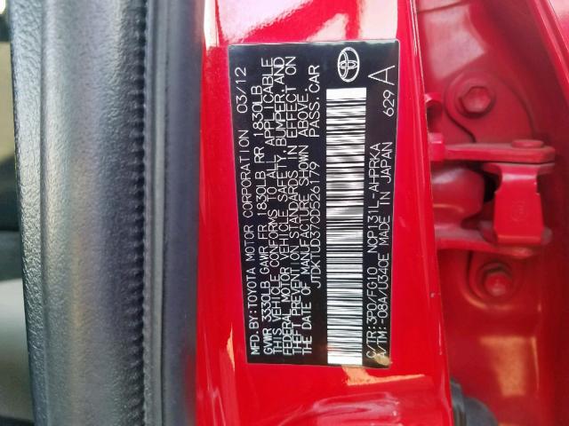 JTDKTUD37CD526179 - 2012 TOYOTA YARIS RED photo 10