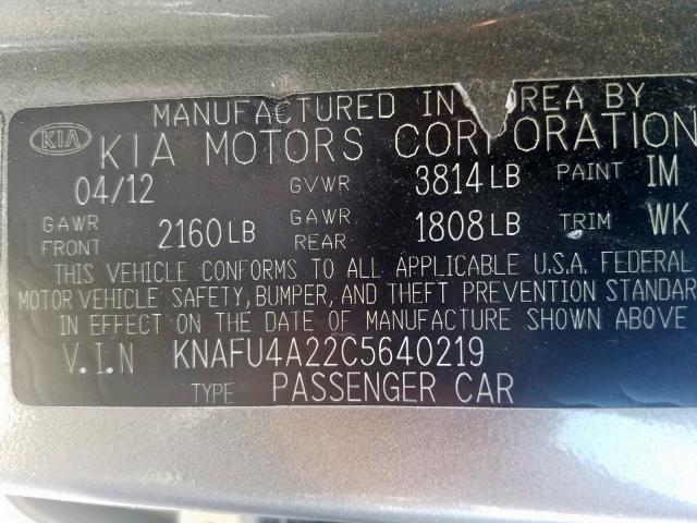 KNAFU4A22C5640219 - 2012 KIA FORTE EX GRAY photo 10