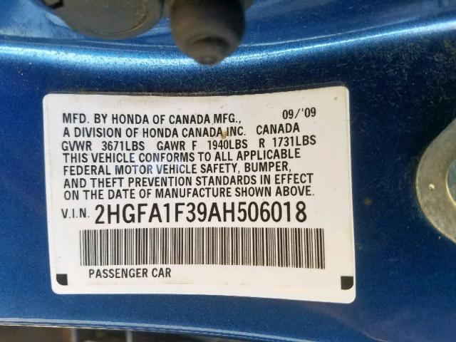 2HGFA1F39AH506018 - 2010 HONDA CIVIC VP BLUE photo 10