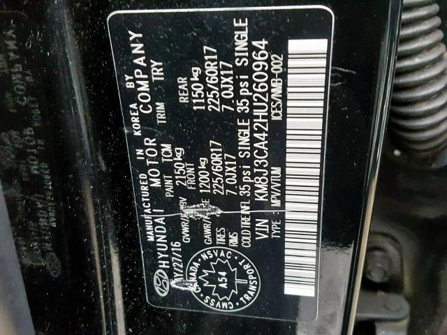 KM8J3CA42HU260964 - 2017 HYUNDAI TUCSON LIM BLACK photo 10