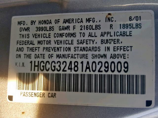 1HGCG32481A029009 - 2001 HONDA ACCORD LX GRAY photo 10