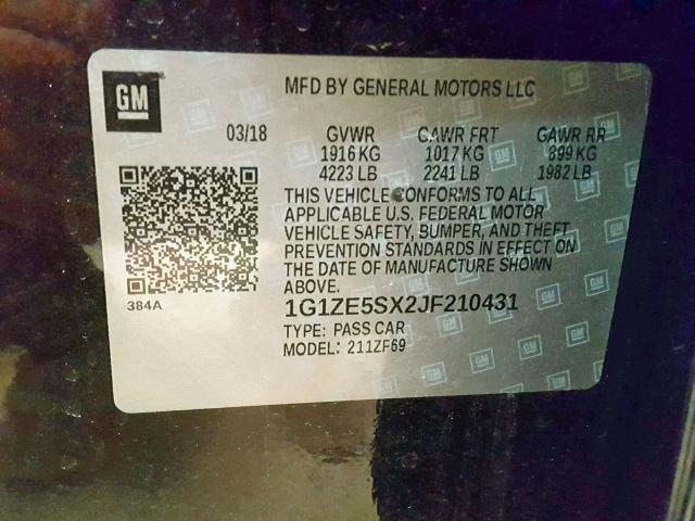 1G1ZE5SX2JF210431 - 2018 CHEVROLET MALIBU PRE BLACK photo 10