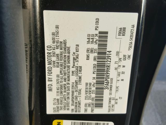 3FA6P0K99HR123914 - 2017 FORD FUSION TIT BLACK photo 10