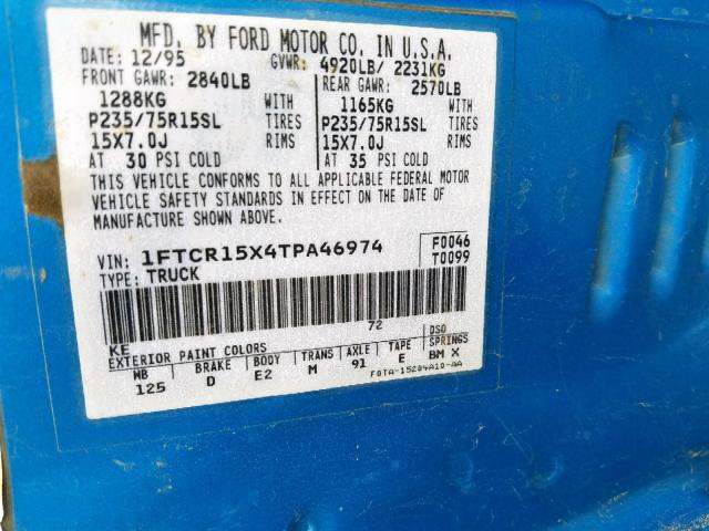 1FTCR15X4TPA46974 - 1996 FORD RANGER SUP BLUE photo 10