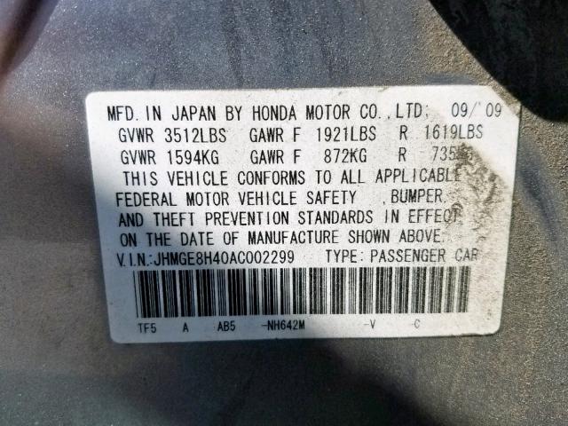 JHMGE8H40AC002299 - 2010 HONDA FIT SPORT SILVER photo 10