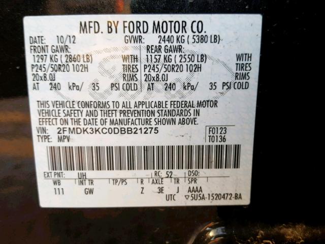 2FMDK3KC0DBB21275 - 2013 FORD EDGE LIMIT BLACK photo 10