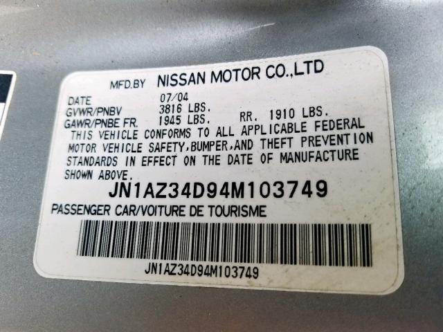 JN1AZ34D94M103749 - 2004 NISSAN 350Z COUPE SILVER photo 10