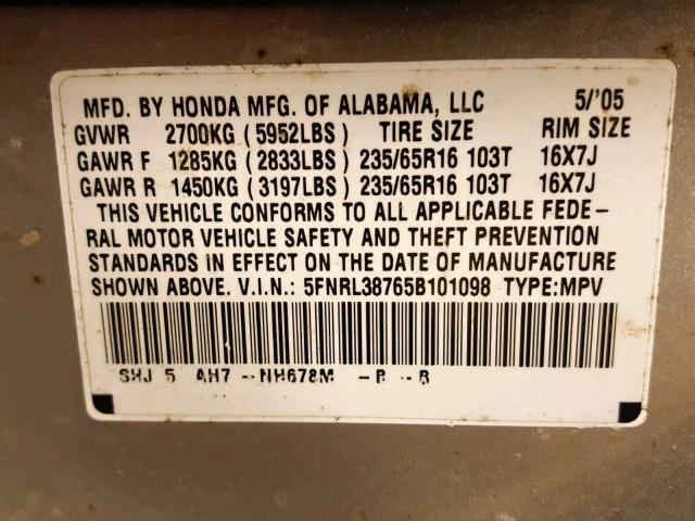 5FNRL38765B101098 - 2005 HONDA ODYSSEY EX SILVER photo 10