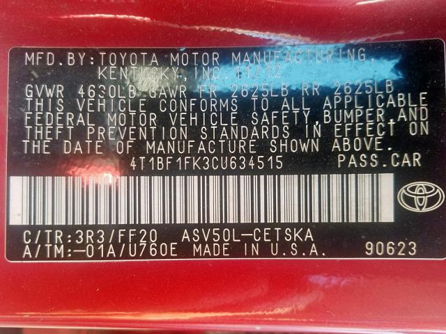 4T1BF1FK3CU634515 - 2012 TOYOTA CAMRY BASE RED photo 10
