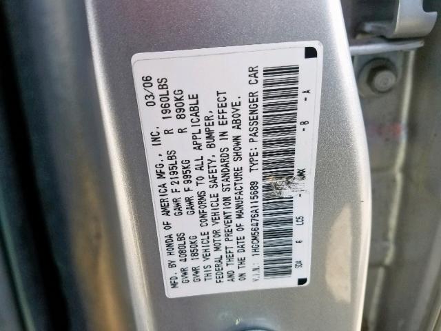 1HGCM56476A115689 - 2006 HONDA ACCORD LX SILVER photo 10