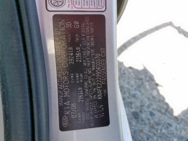 KNAFE222995610370 - 2009 KIA SPECTRA EX SILVER photo 10