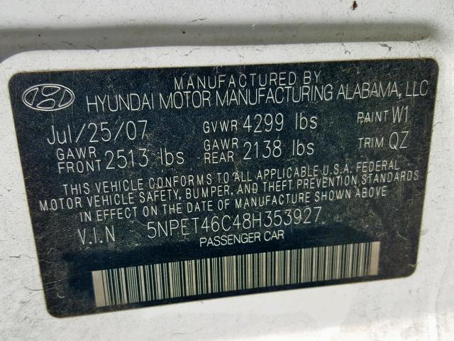 5NPET46C48H353927 - 2008 HYUNDAI SONATA GLS WHITE photo 10