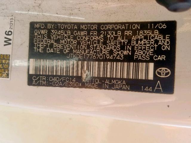 JTKDE177670194743 - 2007 TOYOTA SCION TC თეთრი ფოტო 10