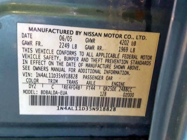 1N4AL11D35N918828 - 2005 NISSAN ALTIMA S GREEN photo 10