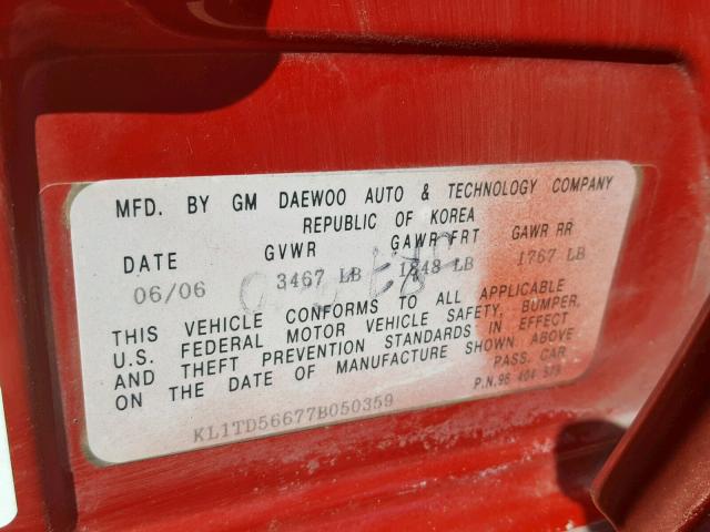 KL1TD56677B050359 - 2007 CHEVROLET AVEO BASE Qırmızı foto 10