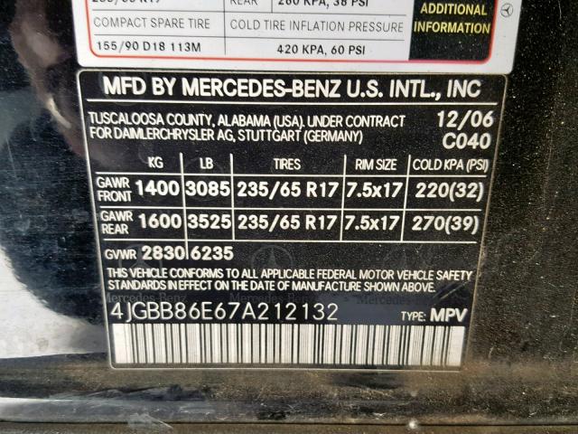 4JGBB86E67A212132 - 2007 MERCEDES-BENZ ML 350 BLACK photo 10