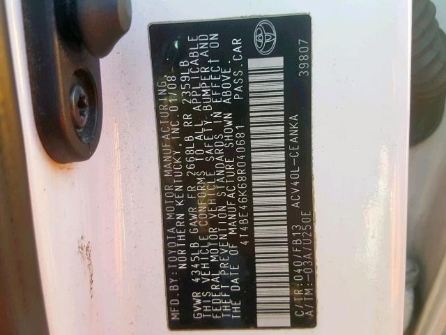 4T4BE46K68R040681 - 2008 TOYOTA CAMRY CE WHITE photo 10